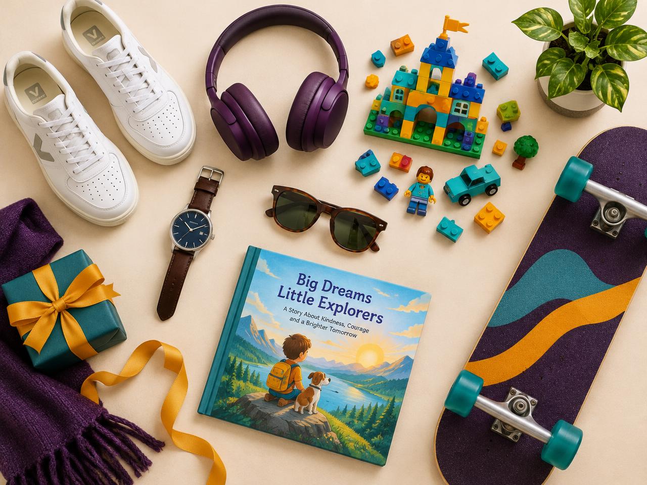 Flat-lay of gift ideas for all ages: sneakers, headphones, building blocks, a skateboard, a watch, sunglasses and a picture book